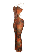 EDGE — orange multi print ruffle cross jumpsuit, side view flat lay