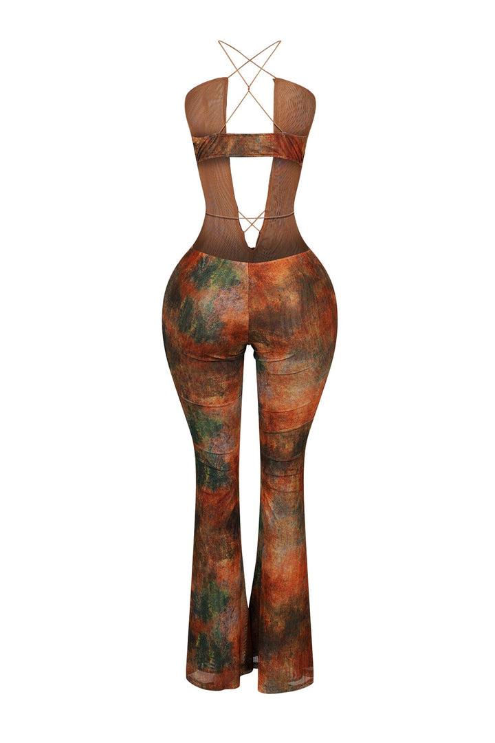 EDGE — orange multi print ruffle cross jumpsuit, back view flat lay