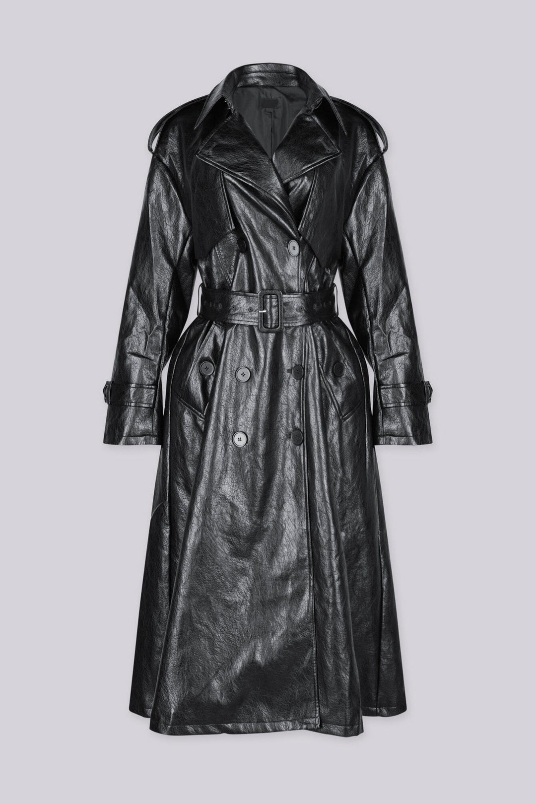 Ankle length double breasted trench coat with collared detail and shoulder epaulettes
