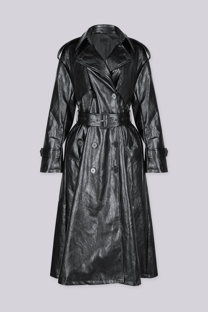Ankle length double breasted trench coat with collared detail and shoulder epaulettes