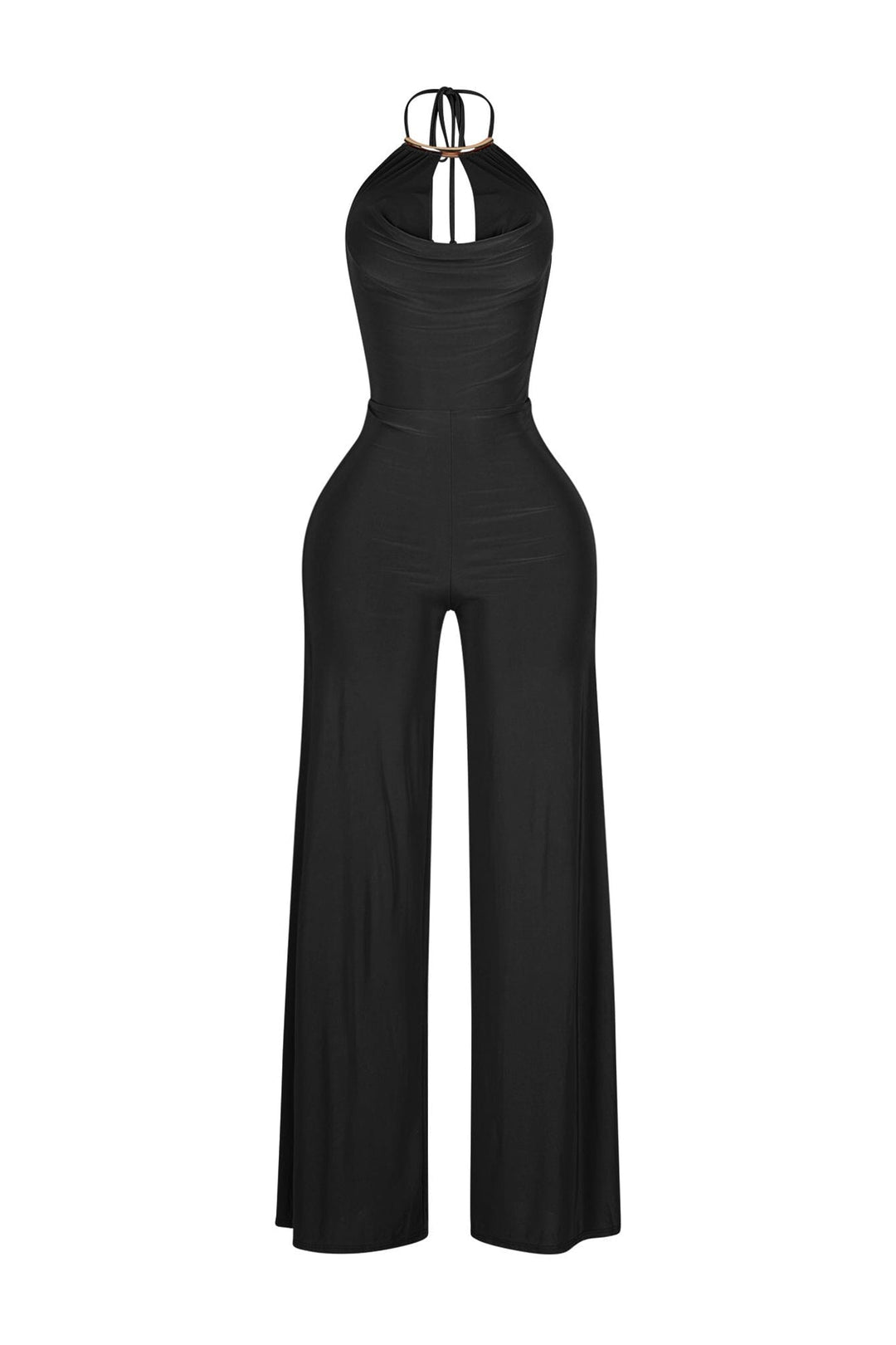 Wide leg halter jumpsuit with deep plunging cowl neck featuring a metal choker detail