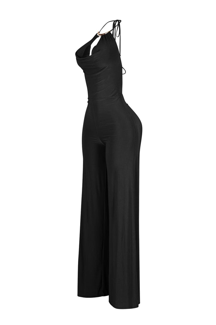 Wide leg halter jumpsuit with deep plunging cowl neck featuring a metal choker detail