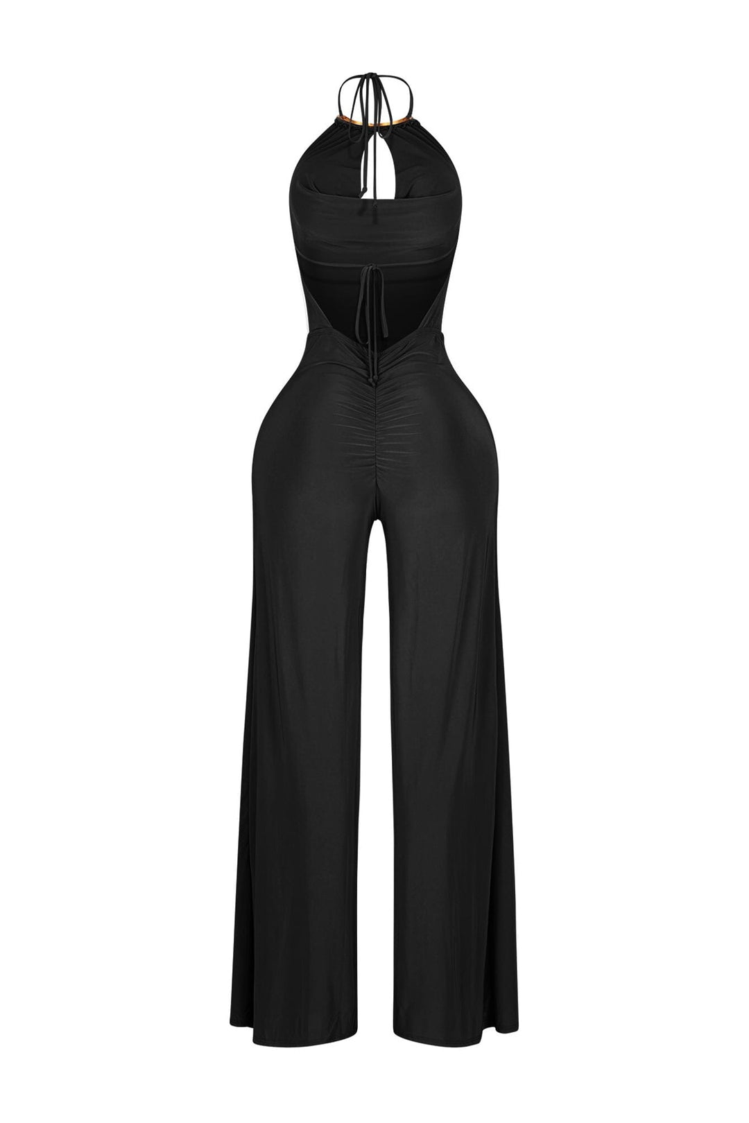 Wide leg halter jumpsuit with deep plunging cowl neck featuring a metal choker detail
