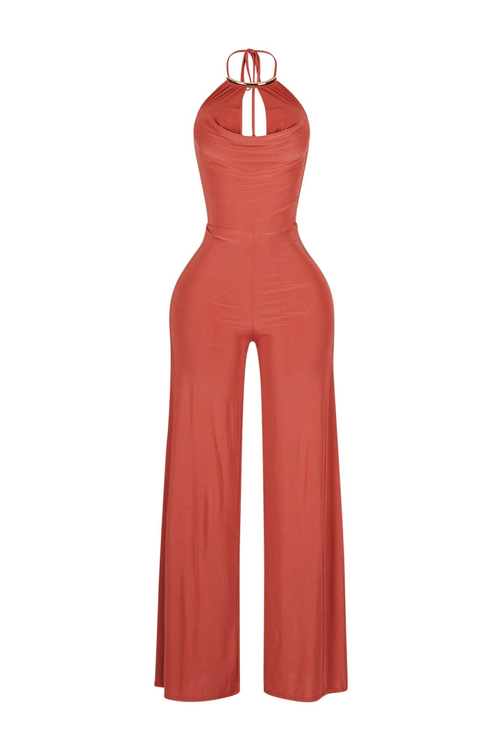 Wide leg halter jumpsuit with deep plunging cowl neck featuring a metal choker detail