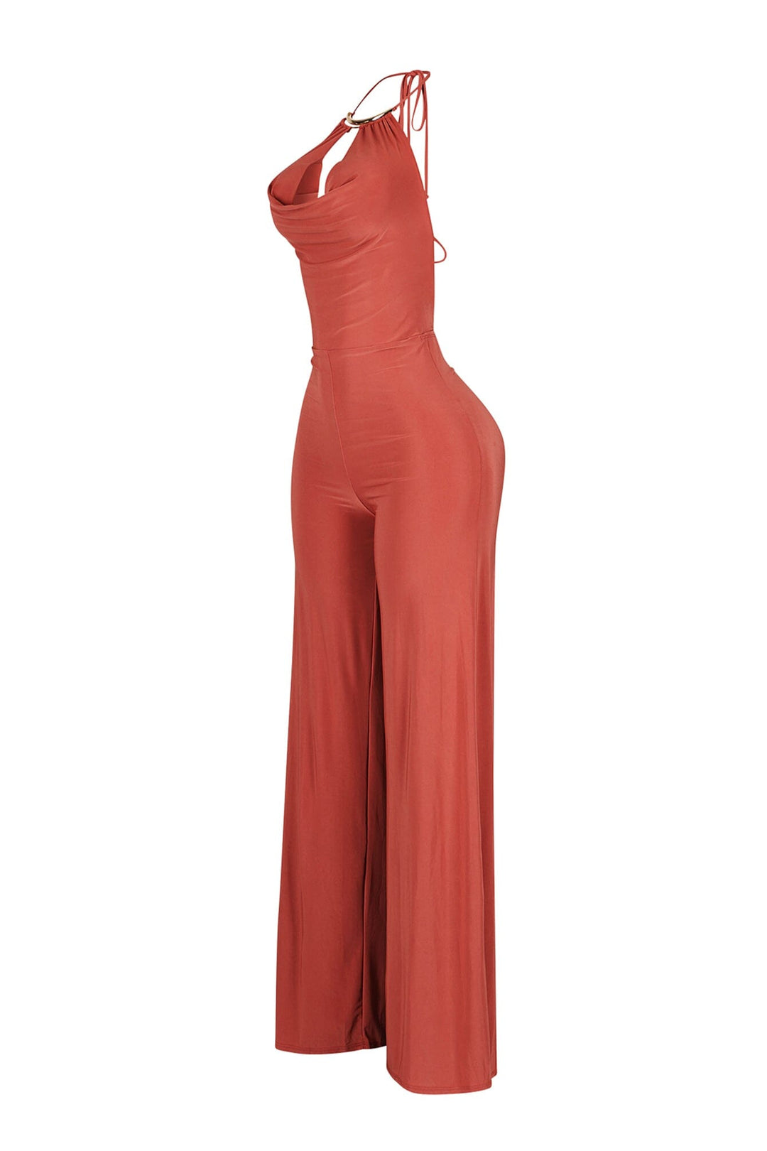 Wide leg halter jumpsuit with deep plunging cowl neck featuring a metal choker detail