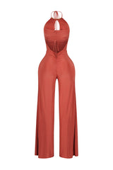 Wide leg halter jumpsuit with deep plunging cowl neck featuring a metal choker detail