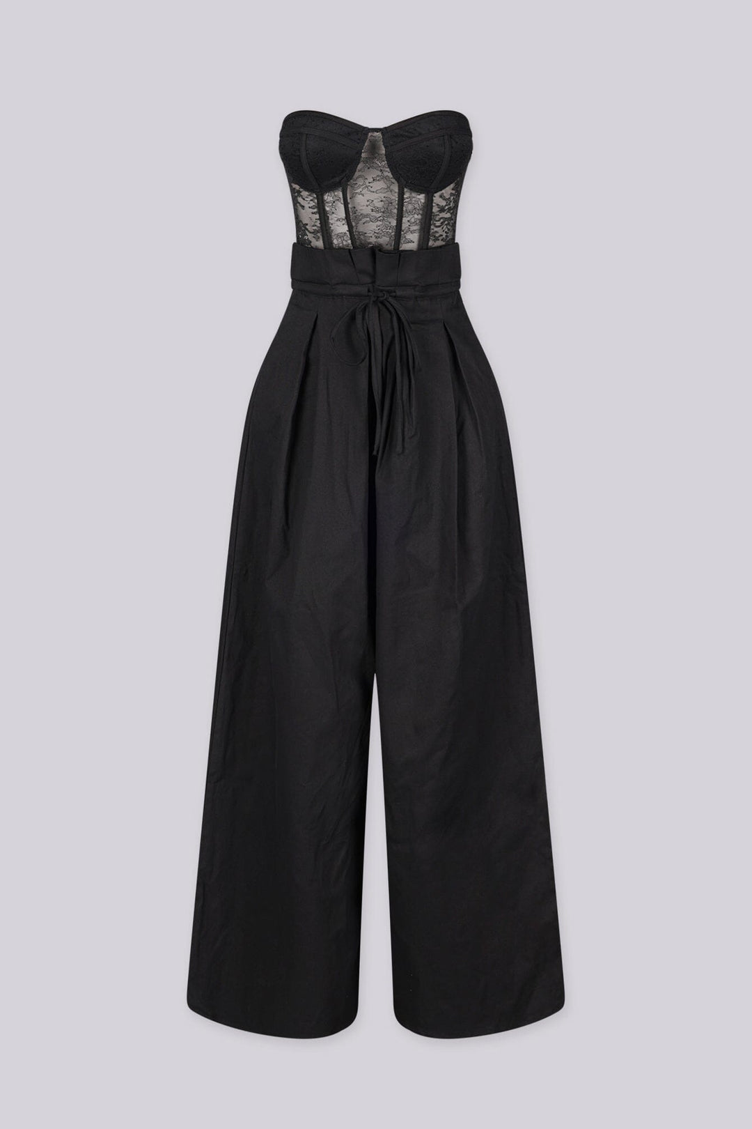 Strapless sheer lace corset jumpsuit with sweetheart bustier bodice 
High waisted wide leg featuring fitted waistband with drawstring tie at the center front