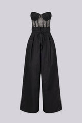 Strapless sheer lace corset jumpsuit with sweetheart bustier bodice 
High waisted wide leg featuring fitted waistband with drawstring tie at the center front