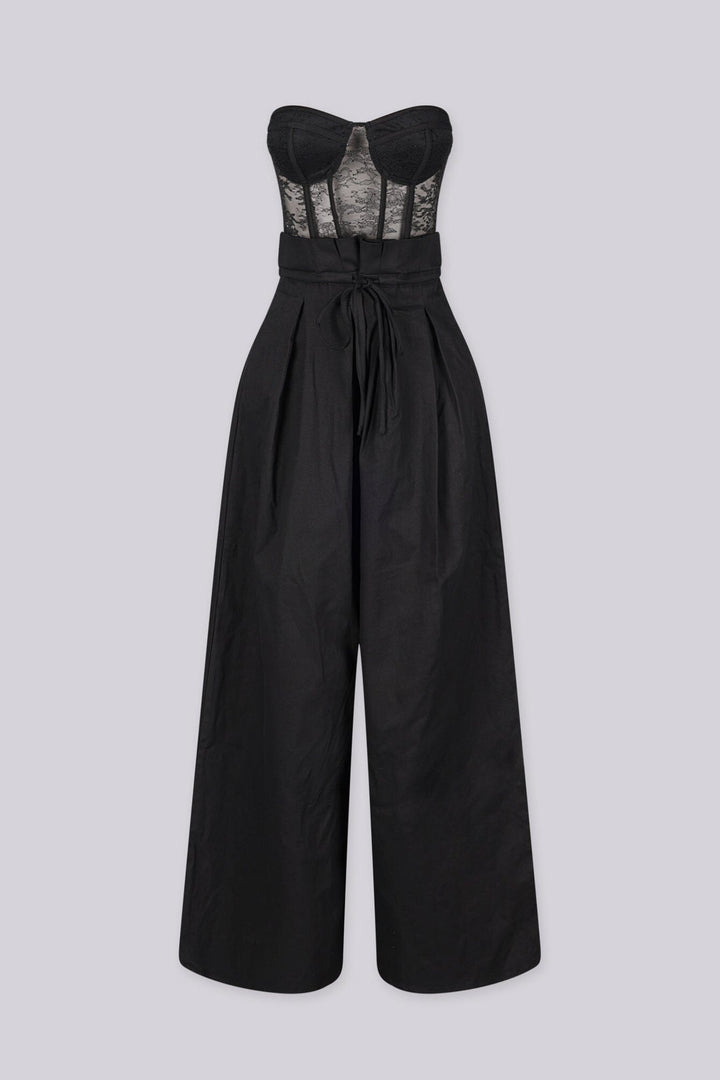 Strapless sheer lace corset jumpsuit with sweetheart bustier bodice 
High waisted wide leg featuring fitted waistband with drawstring tie at the center front