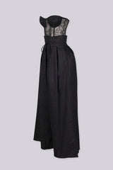 Strapless sheer lace corset jumpsuit with sweetheart bustier bodice 
High waisted wide leg featuring fitted waistband with drawstring tie at the center front