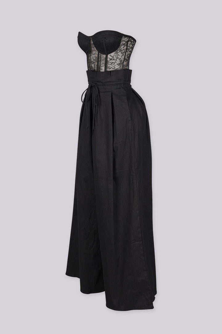 Strapless sheer lace corset jumpsuit with sweetheart bustier bodice 
High waisted wide leg featuring fitted waistband with drawstring tie at the center front