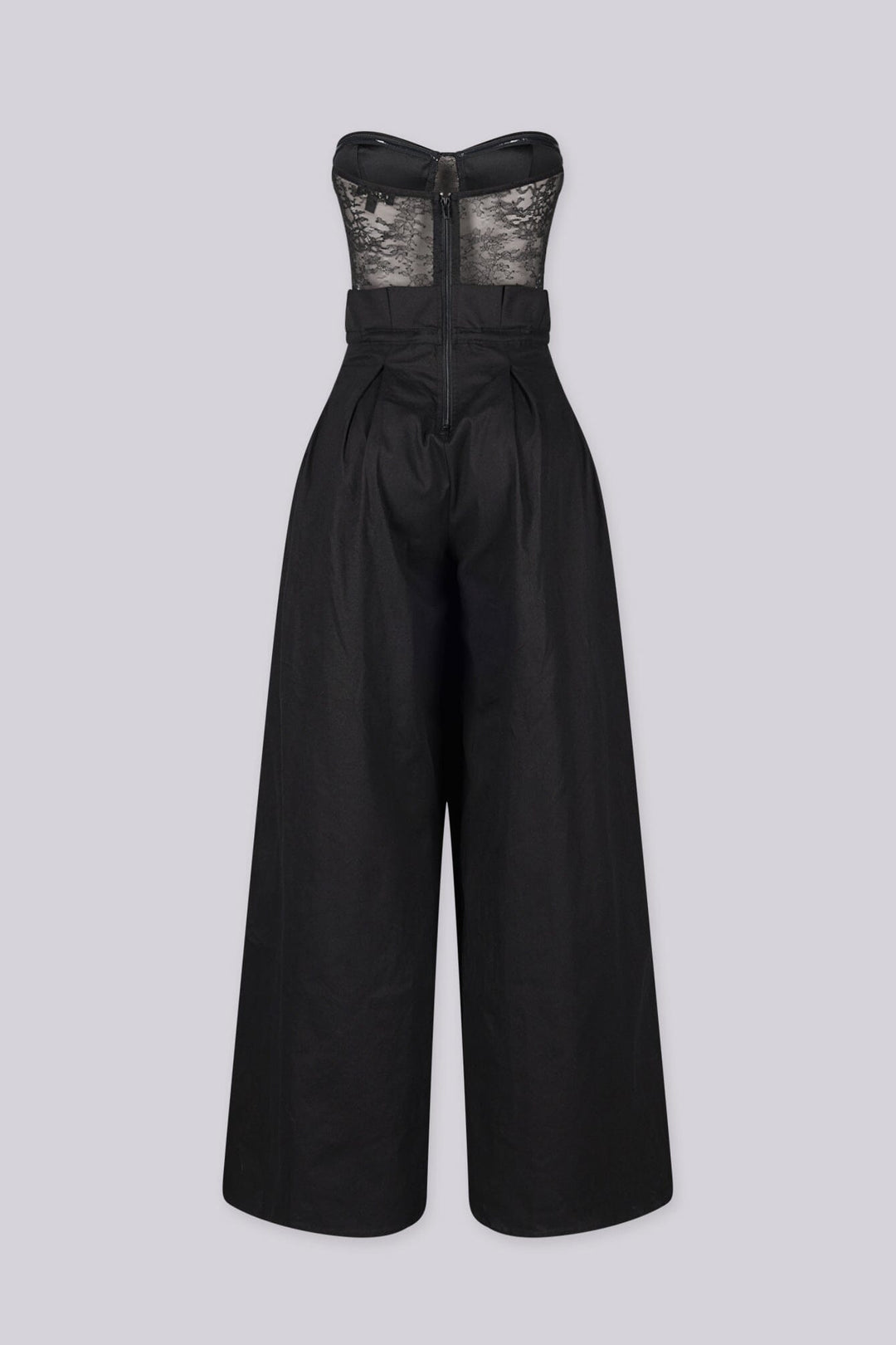 Strapless sheer lace corset jumpsuit with sweetheart bustier bodice 
High waisted wide leg featuring fitted waistband with drawstring tie at the center front