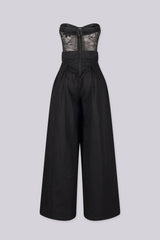 Strapless sheer lace corset jumpsuit with sweetheart bustier bodice 
High waisted wide leg featuring fitted waistband with drawstring tie at the center front