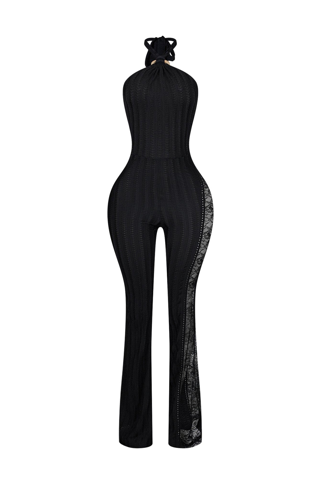 Halter neck jumpsuit with metallic gold ring accent at the throat featuring full length floral lace insert along the side seam