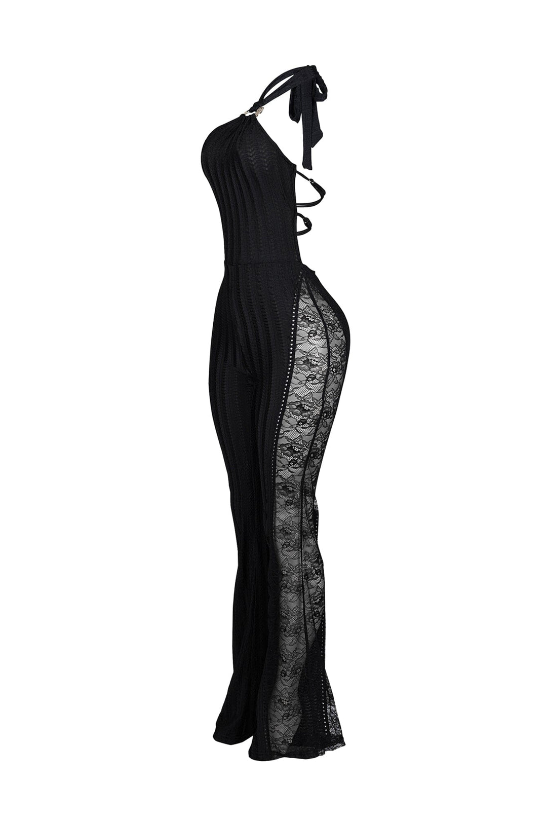 Halter neck jumpsuit with metallic gold ring accent at the throat featuring full length floral lace insert along the side seam