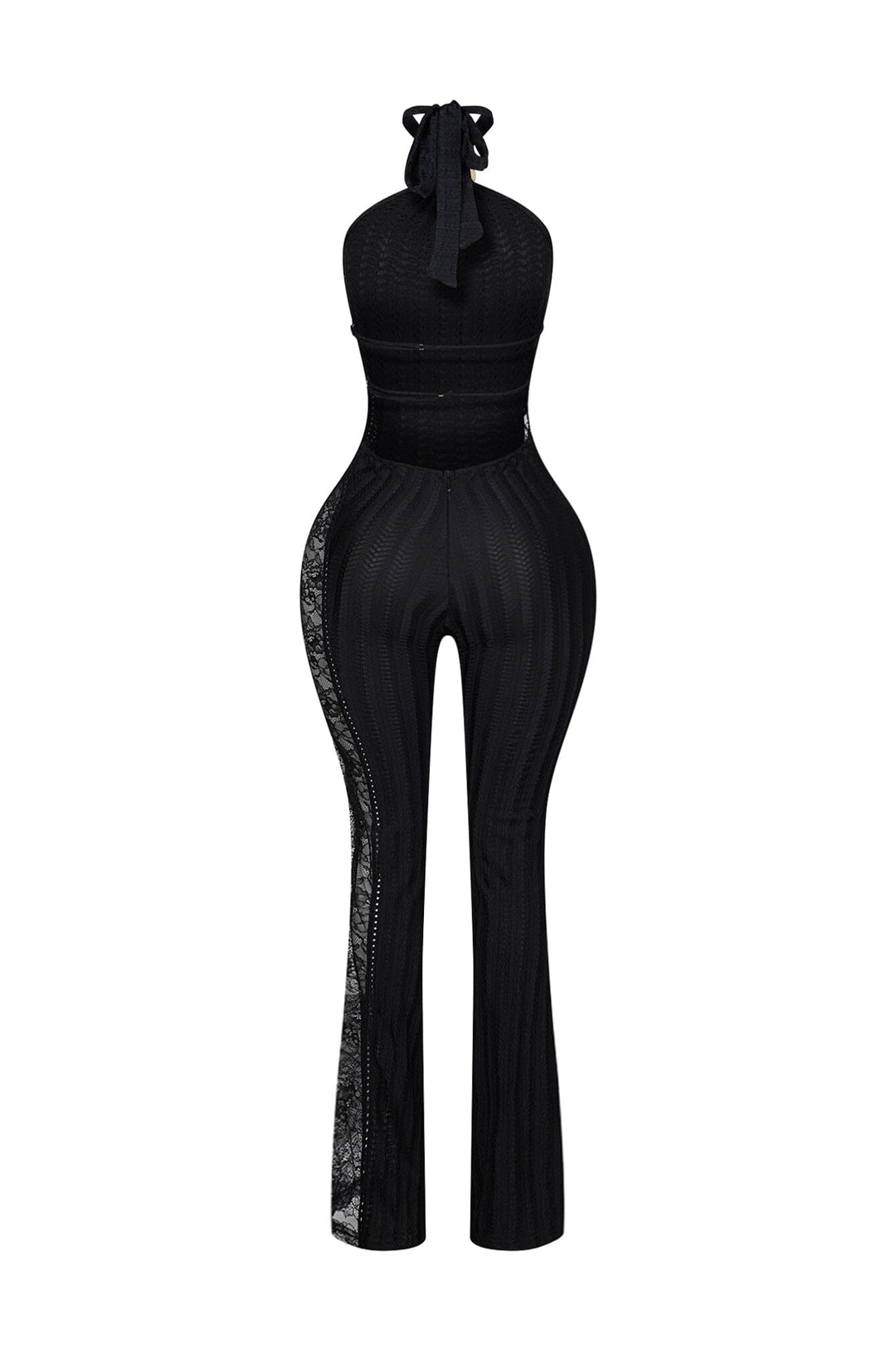Halter neck jumpsuit with metallic gold ring accent at the throat featuring full length floral lace insert along the side seam