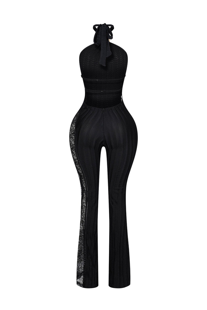 Halter neck jumpsuit with metallic gold ring accent at the throat featuring full length floral lace insert along the side seam
