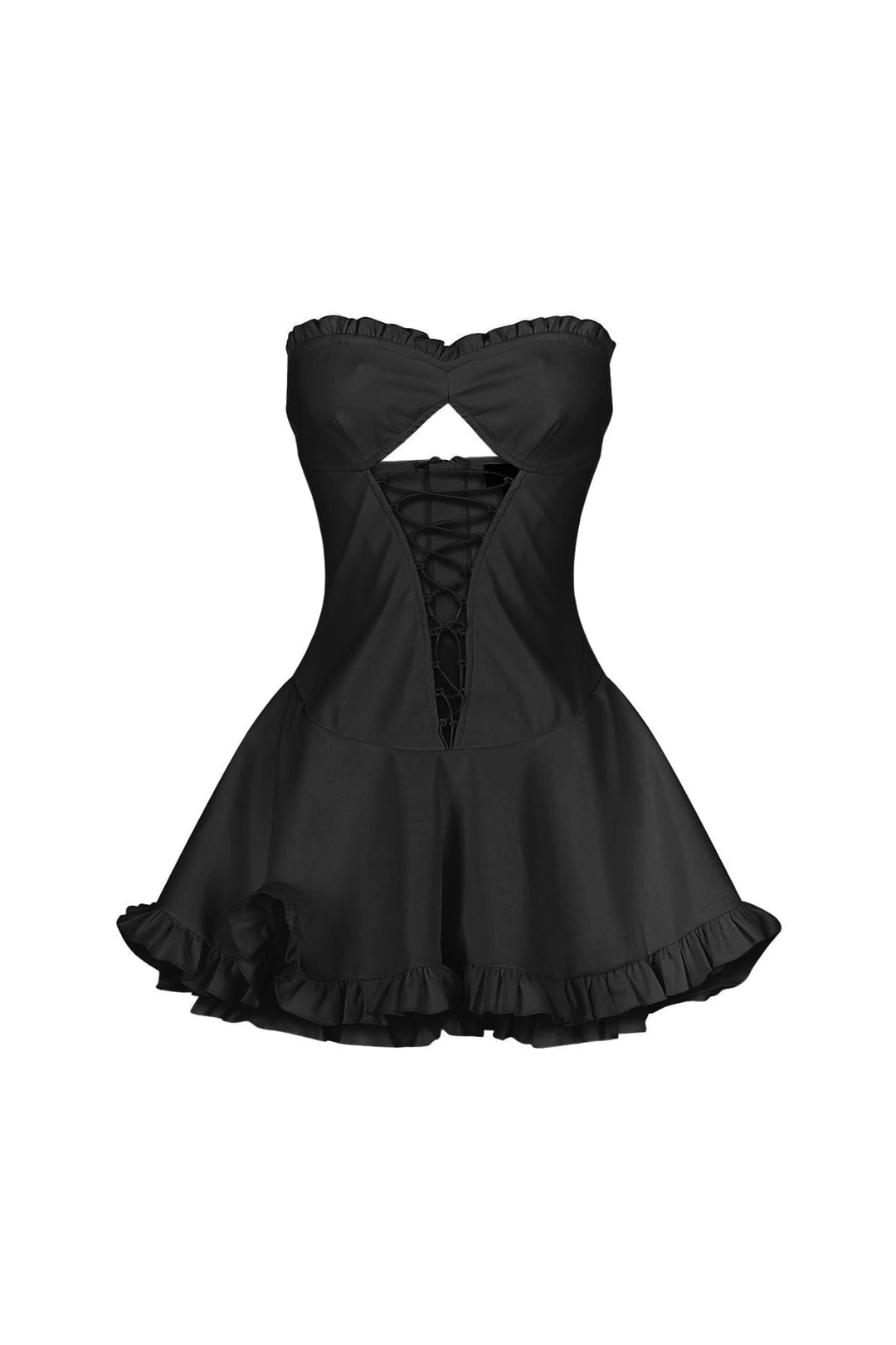 Faux leather corset tube mini dress with sweetheart neckline featuring center cutout with lace up and ruffle hem