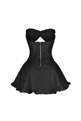 Faux leather corset tube mini dress with sweetheart neckline featuring center cutout with lace up and ruffle hem