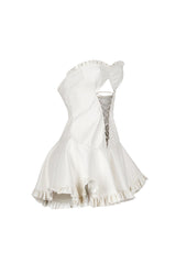 Faux leather corset tube mini dress with sweetheart neckline featuring center cutout with lace up and ruffle hem