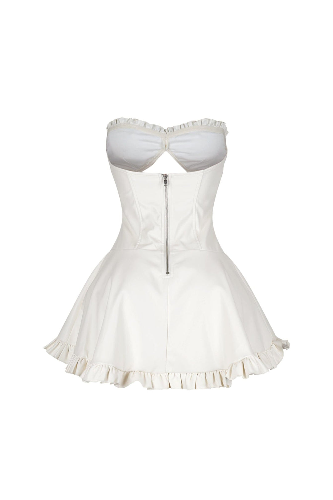 Faux leather corset tube mini dress with sweetheart neckline featuring center cutout with lace up and ruffle hem