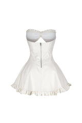 Faux leather corset tube mini dress with sweetheart neckline featuring center cutout with lace up and ruffle hem