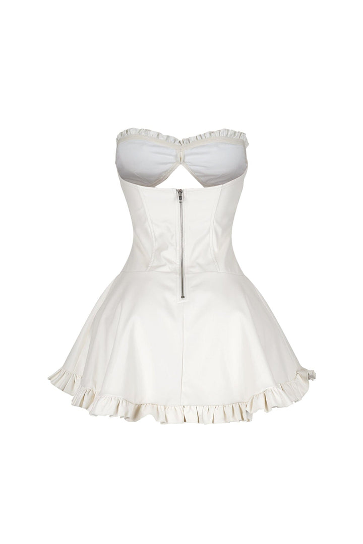 Faux leather corset tube mini dress with sweetheart neckline featuring center cutout with lace up and ruffle hem