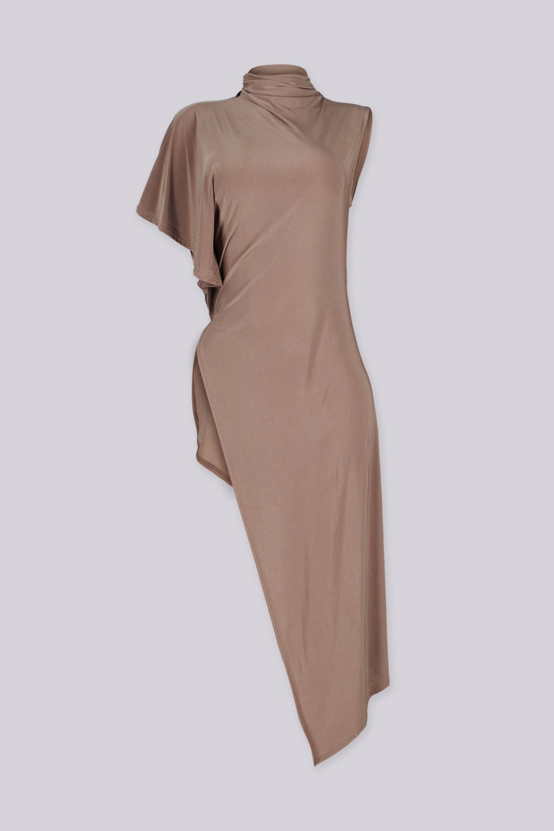 Asymmetric mock neck top with one flutter sleeve and extra long high low hem