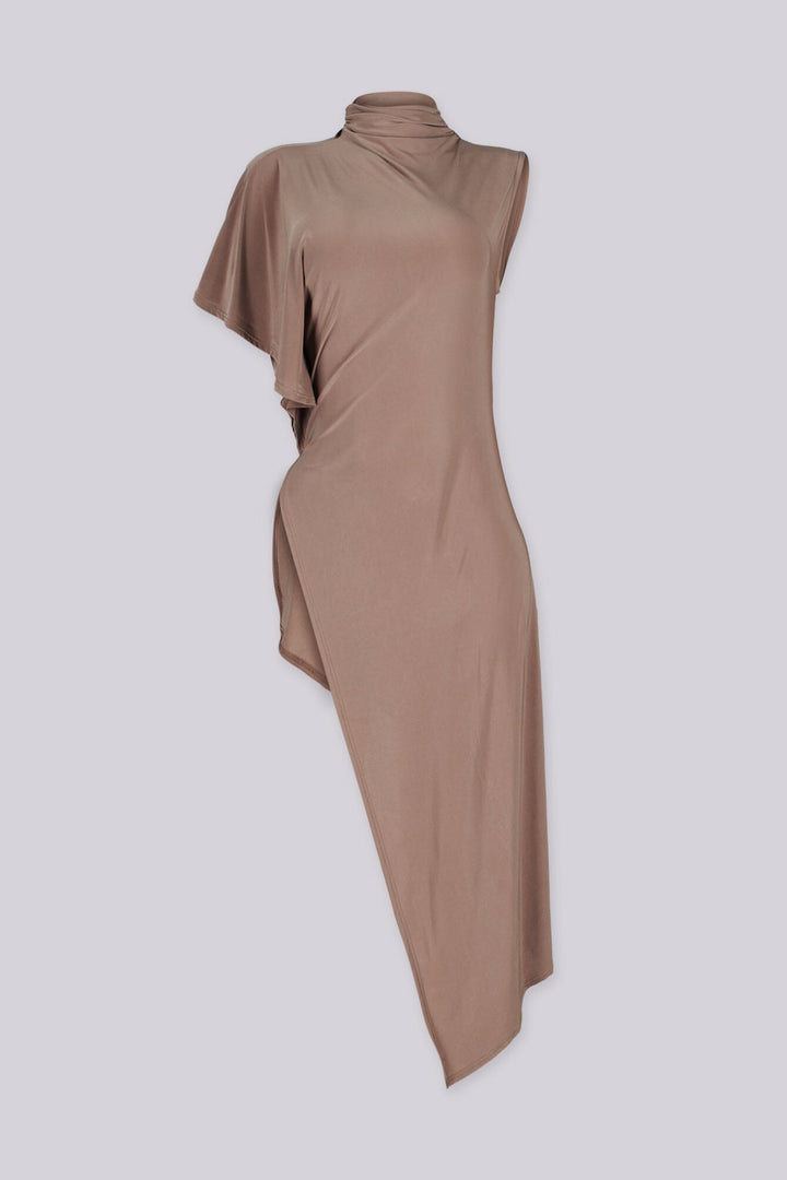 Asymmetric mock neck top with one flutter sleeve and extra long high low hem
