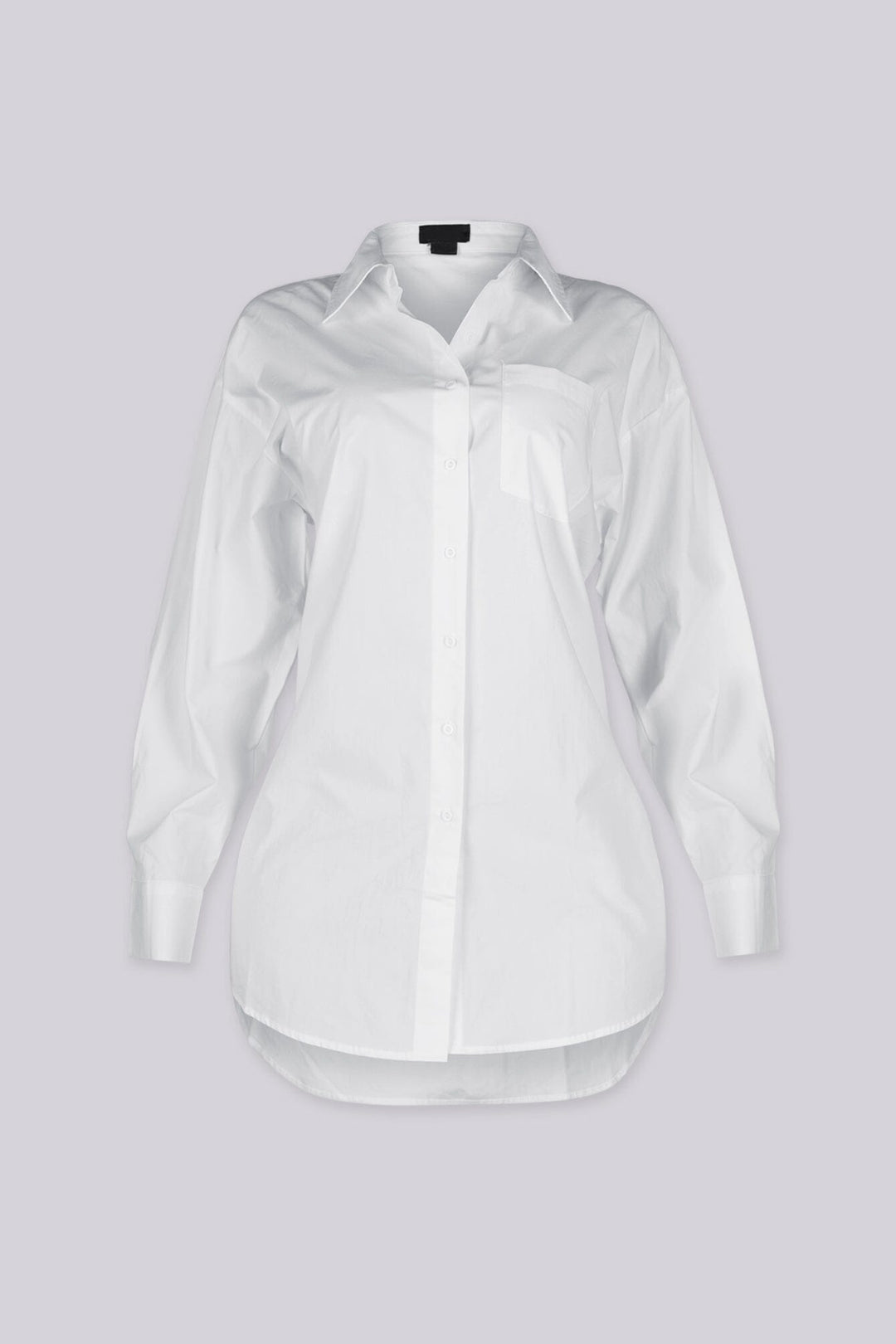 Long sleeve oversized button down shirt mini dress with pointed collar and single patch pocket at chest