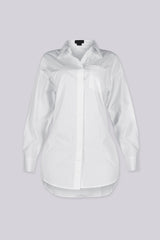 Long sleeve oversized button down shirt mini dress with pointed collar and single patch pocket at chest