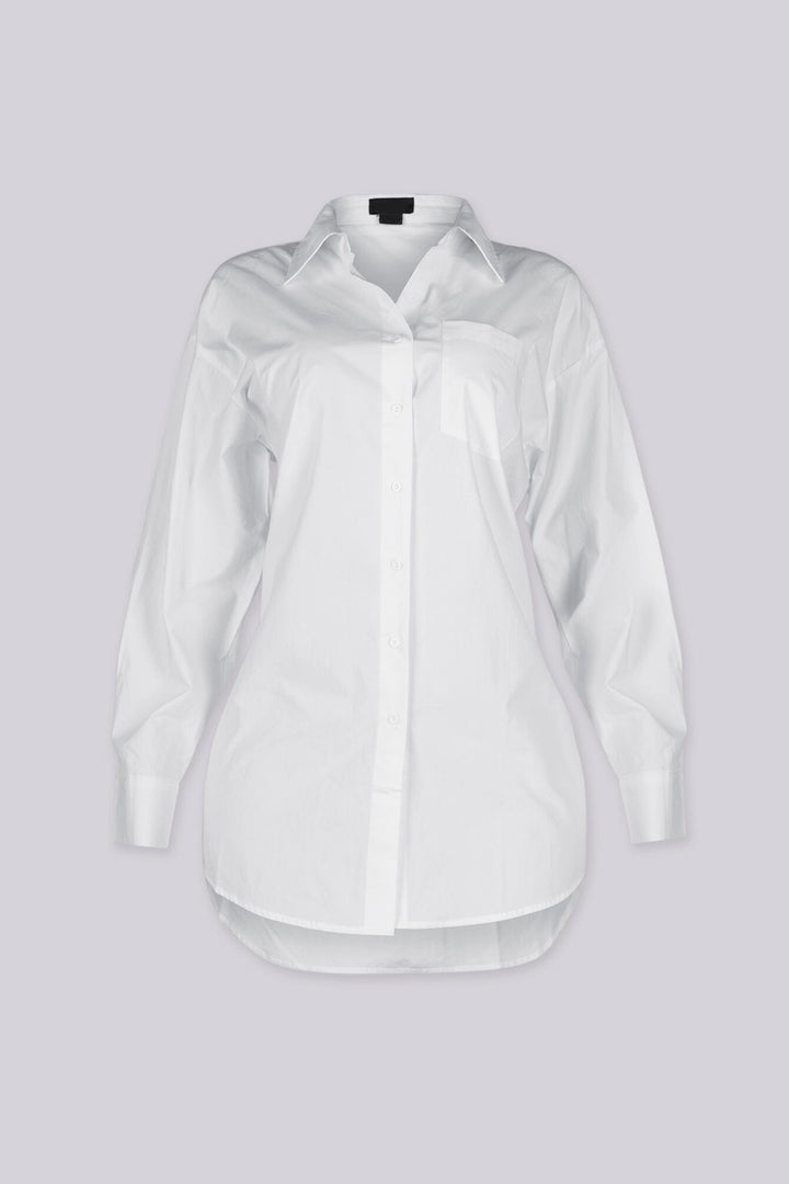 Long sleeve oversized button down shirt mini dress with pointed collar and single patch pocket at chest