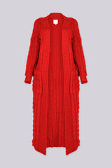 Long sleeve chunky cable knit cardigan in a floor grazing duster length with open front featuring ribbed cuffs and trim