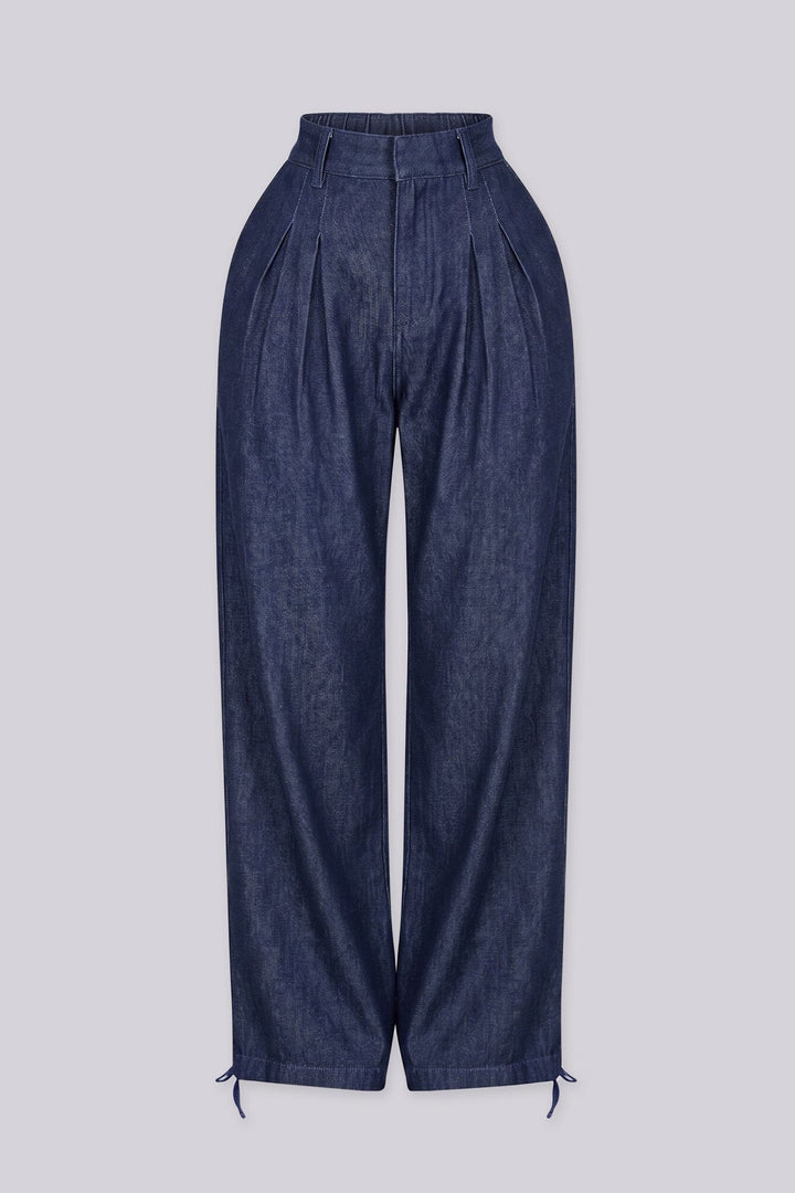  Relaxed wide leg pants with deep inverted pleats at the high waist, blue front view