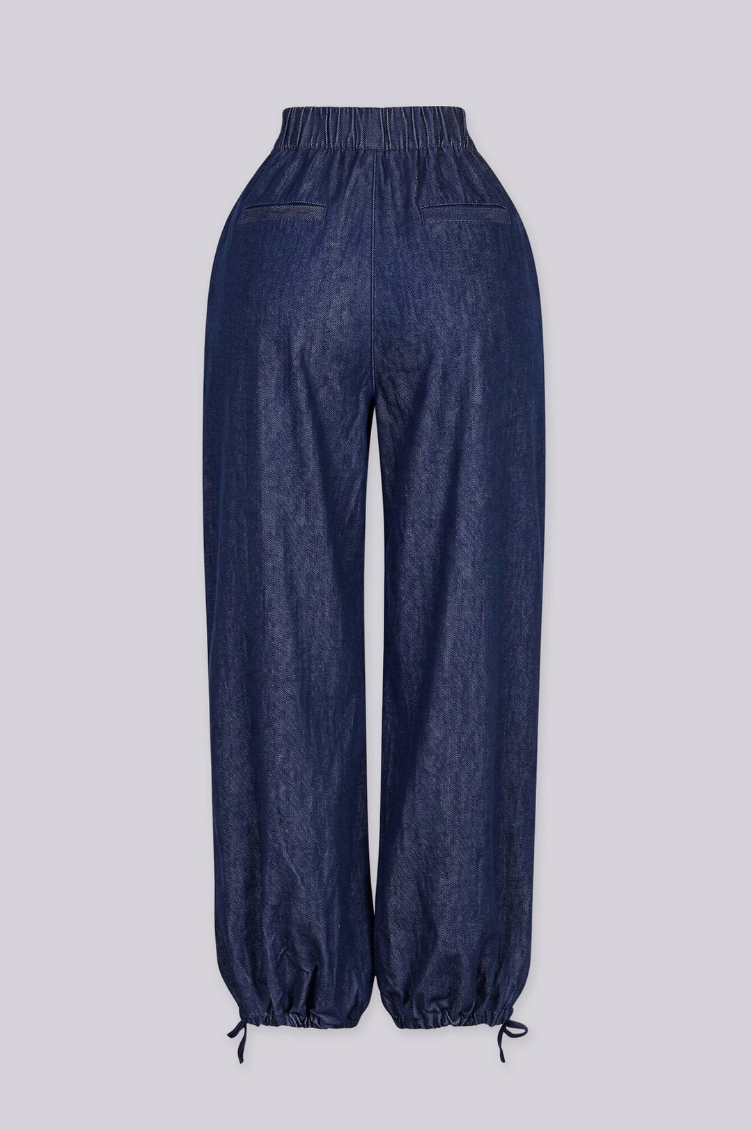 Relaxed wide leg pants with deep inverted pleats at the high waist, blue back view