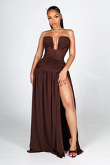 Dropped waist strapless maxi dress with a heavily ruched bodice for a sculpted fit