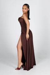 Dropped waist strapless maxi dress with a heavily ruched bodice for a sculpted fit