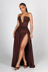 Dropped waist strapless maxi dress with a heavily ruched bodice for a sculpted fit
