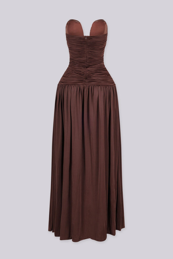Dropped waist strapless maxi dress with a heavily ruched bodice for a sculpted fit, brown back view