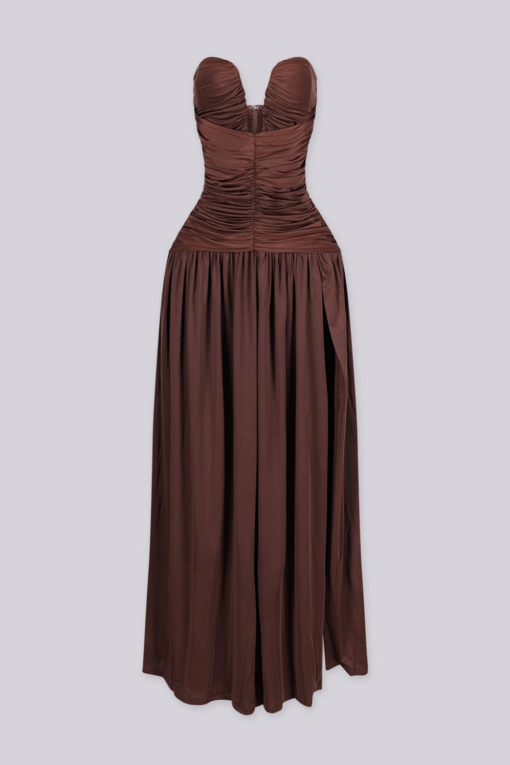 Dropped waist strapless maxi dress with a heavily ruched bodice for a sculpted fit, brown front view