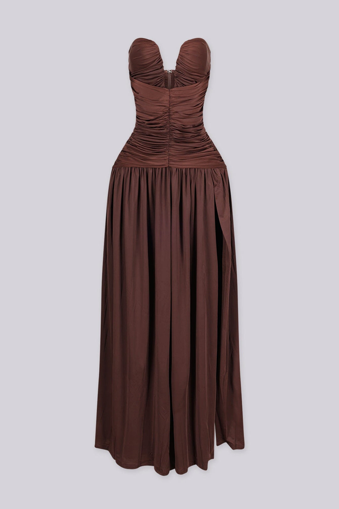 Dropped waist strapless maxi dress with a heavily ruched bodice for a sculpted fit, brown front view