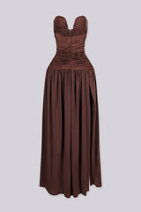 Dropped waist strapless maxi dress with a heavily ruched bodice for a sculpted fit, brown front view