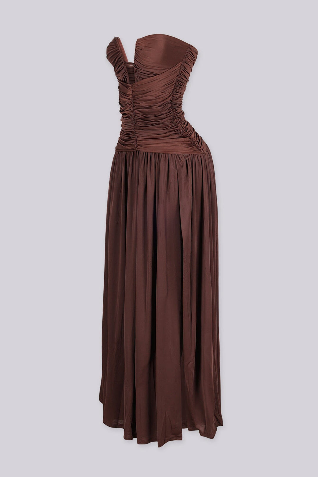 Dropped waist strapless maxi dress with a heavily ruched bodice for a sculpted fit, brown side view