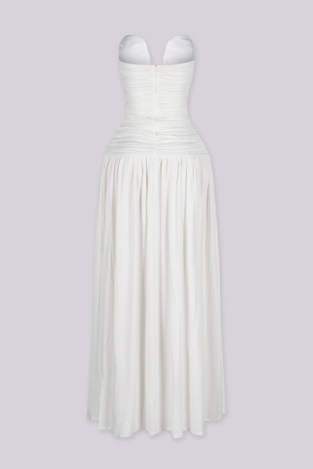 Dropped waist strapless maxi dress with a heavily ruched bodice for a sculpted fit, white back view