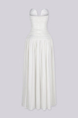 Dropped waist strapless maxi dress with a heavily ruched bodice for a sculpted fit, white back view
