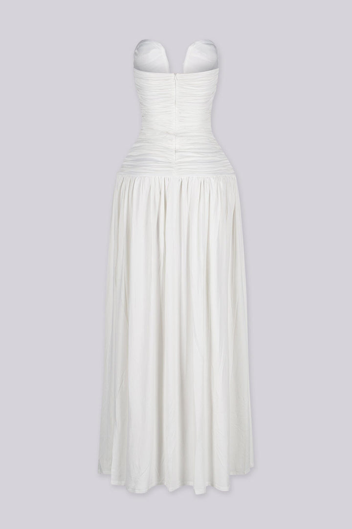 Dropped waist strapless maxi dress with a heavily ruched bodice for a sculpted fit, white back view