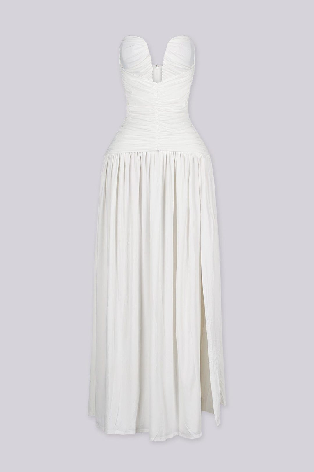 Dropped waist strapless maxi dress with a heavily ruched bodice for a sculpted fit, white front view