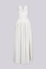 Dropped waist strapless maxi dress with a heavily ruched bodice for a sculpted fit, white front view