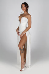 Dropped waist strapless maxi dress with a heavily ruched bodice for a sculpted fit