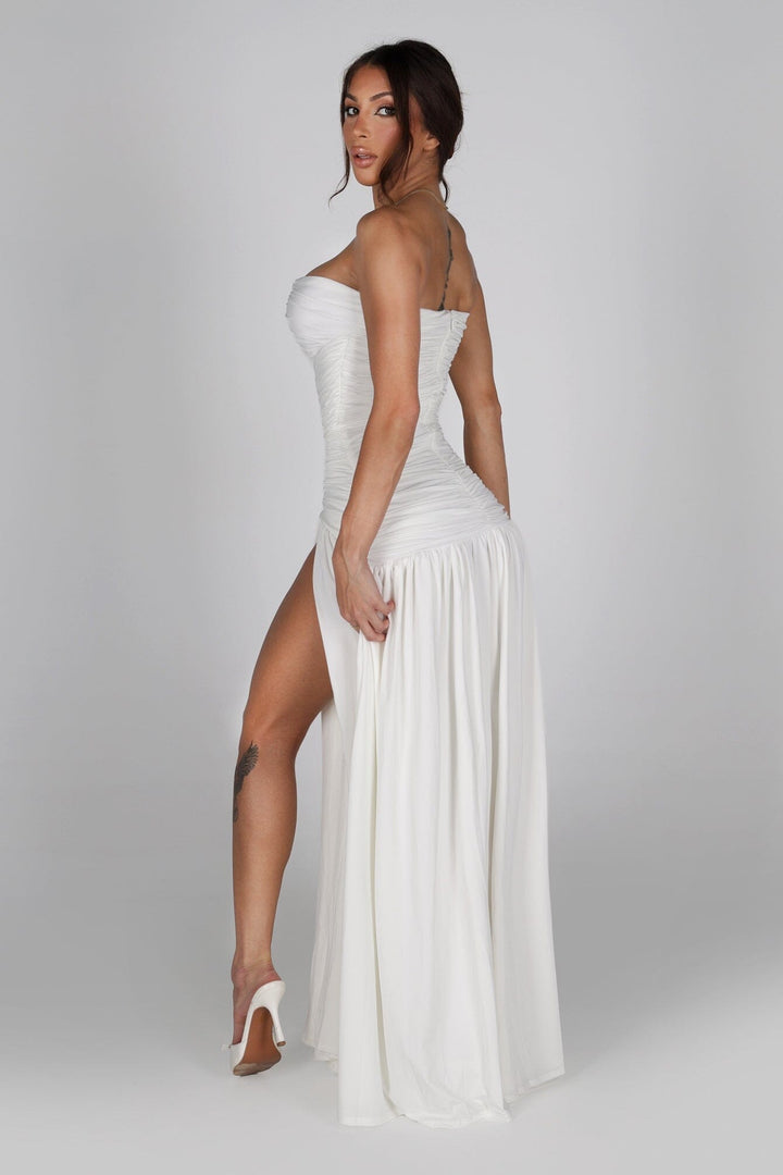 Dropped waist strapless maxi dress with a heavily ruched bodice for a sculpted fit